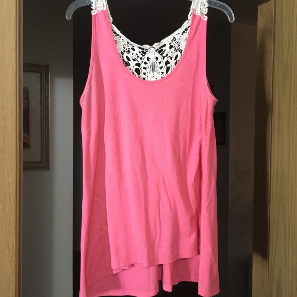 Pink tank top with crochet on the back and straps